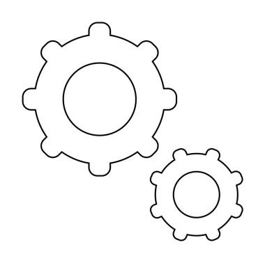 Düz beyaz bir arka planda, minimalist siyah ana hatlı iki farklı boyutta dişli tekerlek. Mekanik kavramlar, mühendislik tasarımları, makine tasvirleri, süreç çizimleri için ideal
