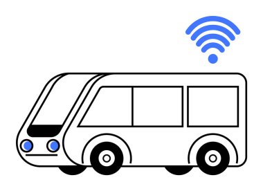 Siyah ve beyaz modern akıllı otobüs, mavi farlar ve yukarıda mavi bir Wi-Fi sembolü. Temalar: akıllı ulaşım, bağlantı, kentsel hareketlilik, teknoloji entegrasyonu, vektör tasarımı.