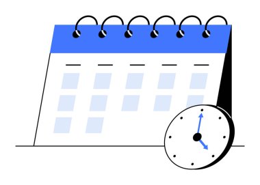 Önünde saat olan spiral bir masa takvimi. Minimalist tasarımı zaman yönetimiyle harmanlıyor. Program, verimlilik, planlama, organizasyon ve hatırlatıcı için ideal. Temiz satır biçimi.