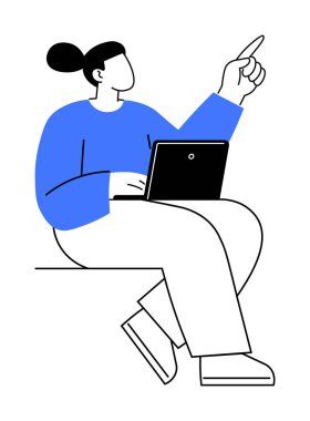 Dizüstü bilgisayarı olan ve yukarıyı gösteren, yeniliği, öğrenmeyi ve teknolojik bağlantıyı sembolize eden kişi. Teknoloji sunumları için ideal, çevrimiçi öğrenme platformları, yazılım kılavuzları, beyin fırtınaları