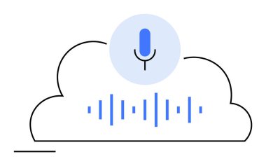 Bulutun üstündeki mikrofon, aşağıdaki mavi ses dalgaları. İletişim, teknoloji, bulut depolama, ses kaydı, dijital içerik için ideal. Teknoloji odaklı temiz vektör tasarımı.