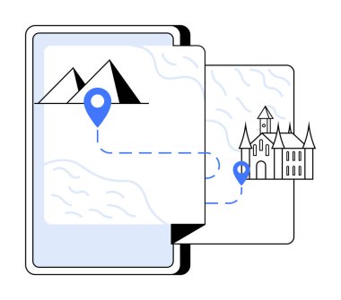 Telefon, dağlardan kale ikonuna giden bir haritayı gösteriyor. Seyahat, seyrüsefer, keşif, turizm ve macera için ideal. Minimalist, modern tarz..