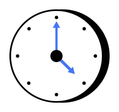 Siyah beyaz saat yüzlü, mavi saat ve dakika elli. Zaman yönetimi, programlar, dakiklik, teslim tarihleri, verimlilik için ideal. Minimalist tasarım, net okunabilirlik. Vektör biçimi.