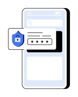 Geliştirilmiş dijital güvenlik için şifreli bir kilit simgesi kalkanı gösteren bir akıllı telefon. Siber güvenlik, veri koruması, mobil uygulamalar, kullanıcı doğrulaması ve teknoloji için ideal. Minimalist, modern