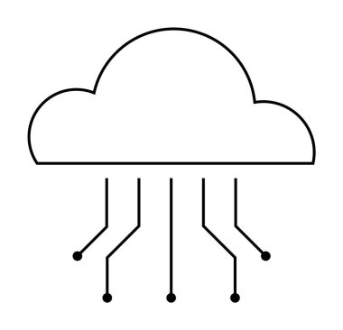 Aşağıya doğru uzanan beş devre çizgisi olan bir bulutun siyah beyaz çizgisi. Teknoloji, ağ oluşturma, veri depolama, bulut hesaplama, fütüristik temalar için ideal. Basit, modern, zarif bir tarz..