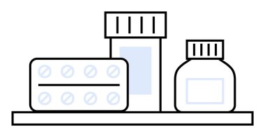 Şişeler ve şişeler dolusu haplar bir rafta, ince mavi aksanlı siyahla özetlenmiş. Sağlık, eczane, tıbbi, sağlık uygulamaları, ilaç güvenliği ve ilaç reklamları için ideal. Minimalist