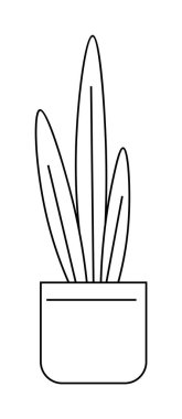 Uzun ve ince yapraklı bir saksı bitkisinin basit siyah beyaz çizgisi. Botanik temalar, minimalizm, iç dekorasyon, bahçıvanlık ve vektör sanatı için ideal. Temiz çizgiler ve basit form