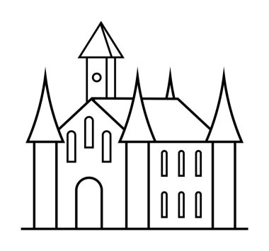 Siyah ve beyaz çizgiler, yüksek kuleleri, saat kulesi ve kemerli pencereleri olan bir kaleyi gösteriyor. Tarihi temalar, mimari, çocuk hikayeleri, fantezi ortamları ve eğitim amaçları için ideal