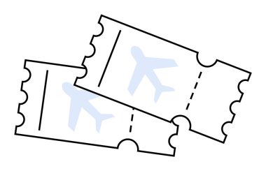 Uçak ikonlu iki bilet üst üste biniyor, seyahat, turizm, uçuş rezervasyonu, havayolu tanıtımı ve tatil planlaması için ideal. Basit satır sanatı tarzı.