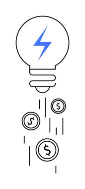 Dolar sikkeleri yayan ampul yeniliğin finansal başarısını sembolize eder. Ticari büyüme, yaratıcılık, yatırım, finans ve stratejik planlama için idealdir. Özetlenmiş minimalist stil.
