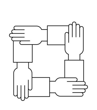 Dört el bir kare oluşturmak için birleşiyor, birlik ve işbirliğini simgeliyor. Takım çalışması, işbirliği, ortaklık, topluluk ve destek için ideal. Basit özet biçimi.