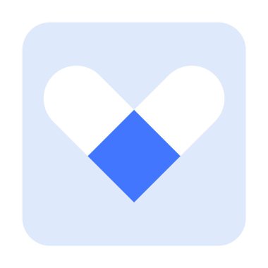 Mavi ve beyaz bir kapsül, açık mavi kare arka planda bir kalp şekli oluşturur. Sağlık, eczane, ilaç, sağlık ve ilaç taşıyıcıları için idealdir. Basit, temiz bir tarz..