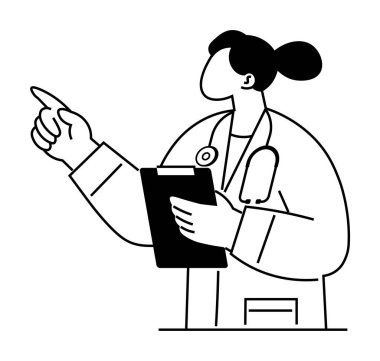 Bir sağlık çalışanı elinde bir not panosu tutuyor ve onu işaret ediyor, muhtemelen talimat ya da açıklama yapıyor. Sağlık hizmetleri, tıbbi danışmanlık, doktor danışmanlığı, eğitim materyalleri ve hastane için ideal