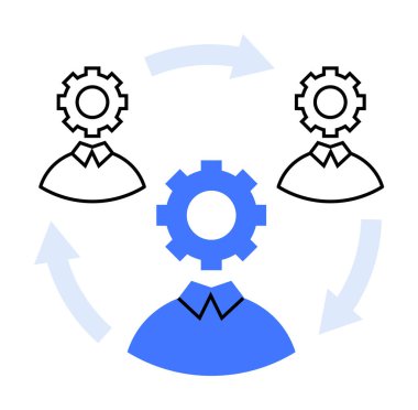 Ekipman başlıklı üç soyut figür, işbirliğini temsil ediyor. Takım çalışması, iş stratejisi, iş akışı, organizasyonel kalkınma ve verimlilik için ideal. Temiz vektör biçimi.