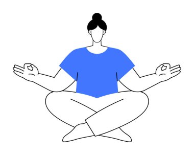 Yoga pozunda bacak bacak üstüne atmış bir kadın, Mudra hareketleriyle meditasyon yapıyor. Meditasyon, sağlık, farkındalık, yoga, rahatlama temaları için idealdir. Basit satır biçimi.