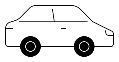 Minimalist detaylarla dolu küçük bir arabanın siyah beyaz çizgisi. Otomotiv tasarımı, ulaşım konuları, eğitim kaynakları, oyuncak tasarımı ve web siteleri için ideal. Basit özet biçimi.