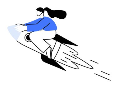 Mavi bluzlu ve beyaz pantolonlu siyah saçlı bir kadın rokete biniyor. Ticari hedefler, başlangıç fikirleri, kişisel büyüme, yenilik ve gelecek için idealdir. Basit düz vektör biçimi.