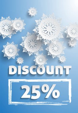 Kış temalı indirimli pankart, kar taneleriyle birlikte mavi bir arkaplanda 25 indirim sunuyor. Satış temaları, kış, alışveriş ve promosyon. Tatil satışları, pazarlama ve perakende promosyonlar için harika..