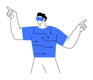 VR kulaklık takan ve her iki yöne bakan biri. Teknoloji için ideal, sanal gerçeklik, modern eğitim, fütürizm, yenilik teması. Basit grafik biçimi.