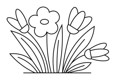 Üç tomurcuk ve yapraklı tek bir çiçeğin siyah beyaz çizimi. Boyama kitapları, eğitim materyalleri, botanik temalar, minimalist tasarım ve doğa takdiri için idealdir. Basit satır sanatı.