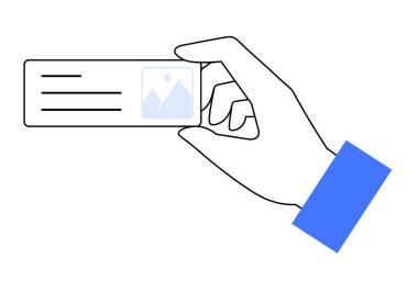 Mavi manşetli bir el, içinde resim tutucu ve üç satırlık metin olan bir kartvizit tutar. İş, ağ, tasarım, iletişim paylaşımı, reklam için ideal.