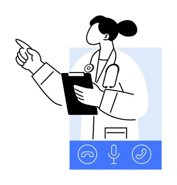 A healthcare professional holds a clipboard and points forward. Below are call icons. Ideal for telehealth, medical consultation, healthcare, virtual appointments, and remote patient care. Simple line clipart