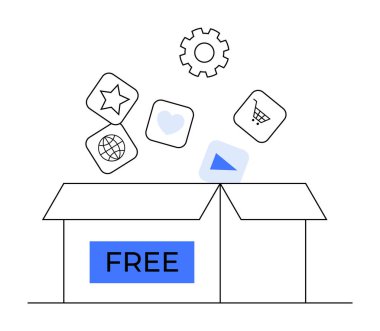 FREE etiketli kutuyu aç ve yıldız, kalp, dünya, oyun düğmesi ve dişli gibi yüzen uygulama simgelerini aç. Yazılım, teknoloji girişimleri, uygulama geliştirme, çevrimiçi hizmetler ve dijital araçlar için ideal.