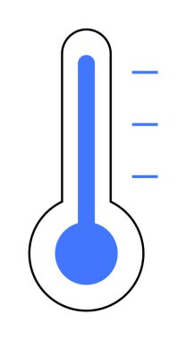 Termometre yüksek sıcaklıkta maviyle dolu. Bu da yüksek sıcaklığı gösteriyor. Tıp, hava durumu, bilim, çevre ve eğitim konuları için idealdir. Asgari tasarım, beyaz arkaplan.