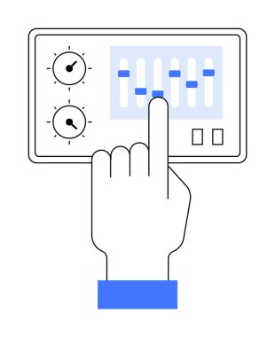 Bir elin ses kontrol paneliyle etkileşimini gösteren basit bir vektör görüntüsü. Teknoloji, ses mühendisliği, kullanıcı arayüzü, kontrol ayarları ve dokunmatik ekran cihazları gibi temalar için idealdir. Minimalist