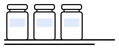 Rafta yan yana dizilmiş üç ilaç şişesi. Temiz ve basit bir tasarımı var. Eczane temaları, tıbbi bağlamlar, sağlık hizmetleri görselleri, kimya çizimleri ve laboratuvar grafikleri için ideal