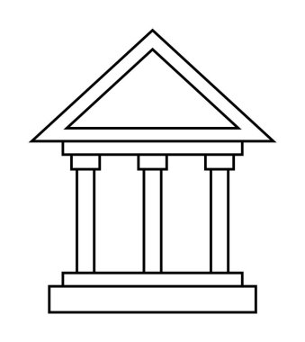 Siyah beyaz, minimalist, klasik bir Yunan tapınağının üç köşeli çatısı ve üç sütunu olan basit bir çizgisi. Mimarlık, tarih, eğitim, antik Yunanistan ve akademik bağlamlar için ideal