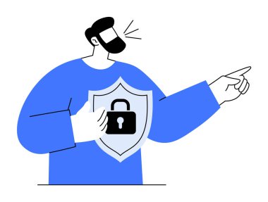 Sakallı adam konuşuyor ve işaret ediyor, kalkanı kilit sembolüyle tutuyor. Veri güvenliği, çevrimiçi koruma, gizlilik, siber güvenlik eğitimi ve güvenlik farkındalığı için ideal. Basit vektör biçimi.