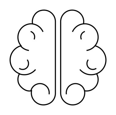 Beynin basitleştirilmiş siyah beyaz taslağı. Zeka, yaratıcılık, psikoloji, eğitim ve nörobilim konuları için mükemmel bir yarı beyin konsepti. Kalın çizgiler, minimal biçim.