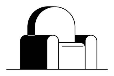 Basit, zarif bir koltuk. Siyah ve beyaz tonlarda yarım daire şeklinde bir arkası var. İç tasarım için ideal, modern mobilya, minimalist dekor, mimari, ev konforu. Geometrik basitlik biçimi.