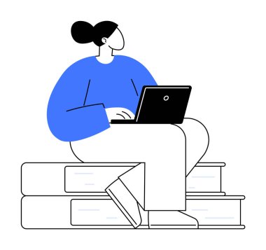 Bun saç stili olan bir insan dizüstü bilgisayar kullanarak kitap yığınının üzerinde oturur. Çevrimiçi öğrenme, uzaktan çalışma, eğitim, öğrenim ve teknoloji için ideal. Öntanımlı renkler mavi, siyah ve beyazdır.