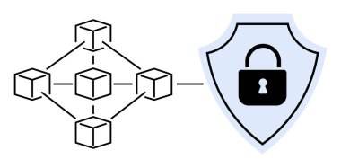 Birbirine bağlı bloklardan oluşan bir ağ, kilitli bir güvenlik kalkanına götürür. Siber güvenlik, veri koruması, engelleme teknolojisi, güvenli işlemler, ağ güvenliği için ideal. Basit, minimalist ve