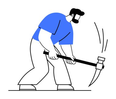 Mavi gömlek ve beyaz pantolon giyen, kazmayla çekiç sallayan sakallı çizgi film işçisi. İnşaat için ideal, el emeği, güç, iş ahlakı, azim.