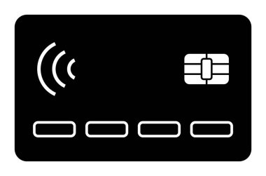 Temassız ödeme dalgaları ve gömülü bir çipi olan siyah bir kredi kartı tasarımı. Finansal hizmetler, güvenli ödemeler, banka kartları, dijital bankacılık ve modern işlemler için ideal. Basit, modern, dostum.