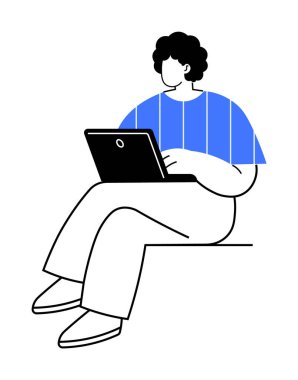 Kıvırcık saçlı ve mavi gömlekli biri otururken dizüstü bilgisayar kullanıyor. Üretkenlik için ideal, evden çalışma, uzaktan çalışma, serbest çalışma, dijital çalışma alanı temaları. Asgari özet biçimi.