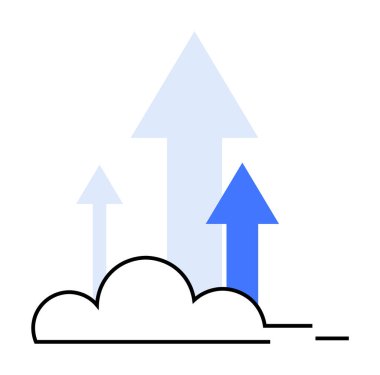 Beyaz arka planda mavi tonlarda bulutlardan yükselen oklar. Ticari büyüme, ilerleme, teknoloji, başarı ve bulut hesaplama temaları için idealdir. Minimalist stil.