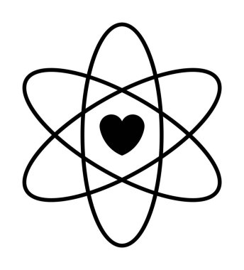 Atom sembolünün merkezindeki bir kalp, sevgi ve bilimin birliğini iletir. Eğitim malzemeleri, ilişkiler, bilim temalı sanat, sağlık hizmetleri ve modern tasarımlar için idealdir. Minimalist, siyah ve w
