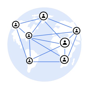 Küresel iletişimi temsil eden birbirine bağlı kullanıcı simgeleriyle çevrili bir ağ. Bağlantılar kıtaların haritasını kapsar. Teknoloji, iletişim, ağ, küresel iş ve işbirliği için ideal