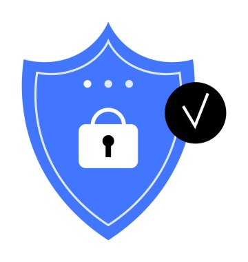 Beyaz kilidi ve siyah işaretli mavi kalkan. Siber güvenlik, gizlilik, veri koruması, güvenli tarama ve çevrimiçi güvenlik için ideal. Düz tasarım biçimi.