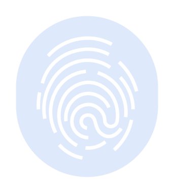 Güvenlik, kimlik tespiti, teknoloji, mahremiyet ve kimlik doğrulama teması için beyaz parmak izli mavi daire. Minimalist vektör biçimi.
