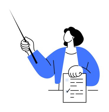 Sopayla işaret eden kişi, kontrol listesi belgesini tutuyor. Eğitim, eğitim, sunum, eğitim ve ofis için ideal. Minimalist modern tarz.