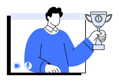Sanal bir toplantıda bulunan bir kişi, çevrimiçi etkileşimlerde başarıyı ve kutlamaları simgeleyen bir kupa taşıyor. Evden çalışma, sanal etkinlikler, online ödül törenleri, uzak başarılar için ideal.