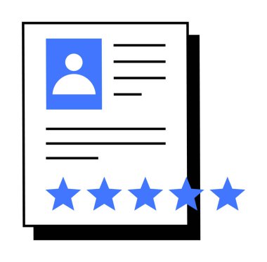 Profil fotoğrafı, metin detayları ve altında beş mavi yıldız olan profesyonel bir özgeçmiş. İş başvuruları, kariyer hizmetleri, çalışan değerlendirmeleri, profesyonel değerlendirmeler ve HR alanı için ideal