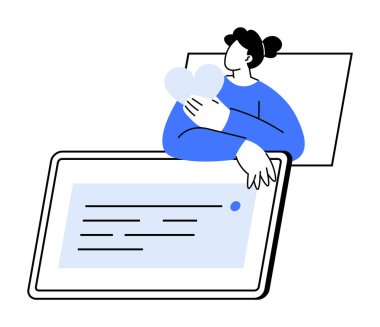 Büyük bir tablet ekranın yanında beyaz bir kalp tutan kişi. Teknoloji, aşk, dijital iletişim, insan etkileşimi, modern yaşam tarzı için idealdir. Temiz ve minimalist stil.