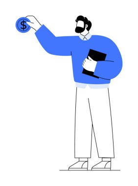 Mavi gömlekli ve gözlüklü bir elinde pano, diğer elinde dolar parası olan bir adam. Finansal planlama, yatırım, ekonomi, tasarruf ve bütçe için ideal. Minimalist vektör biçimi mavi, beyaz, bl