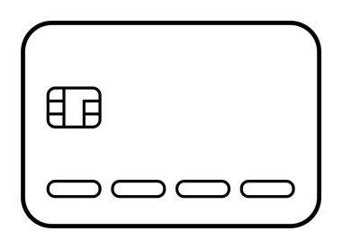 Elektromanyetik çipli bir kredi kartının basit siyah beyaz çizgisi ve rakamlar için noktalı bir çizgi. Bankacılık, finans, güvenlik, alışveriş ve e-ticaret konuları için ideal. Minimalist vektör biçimi.
